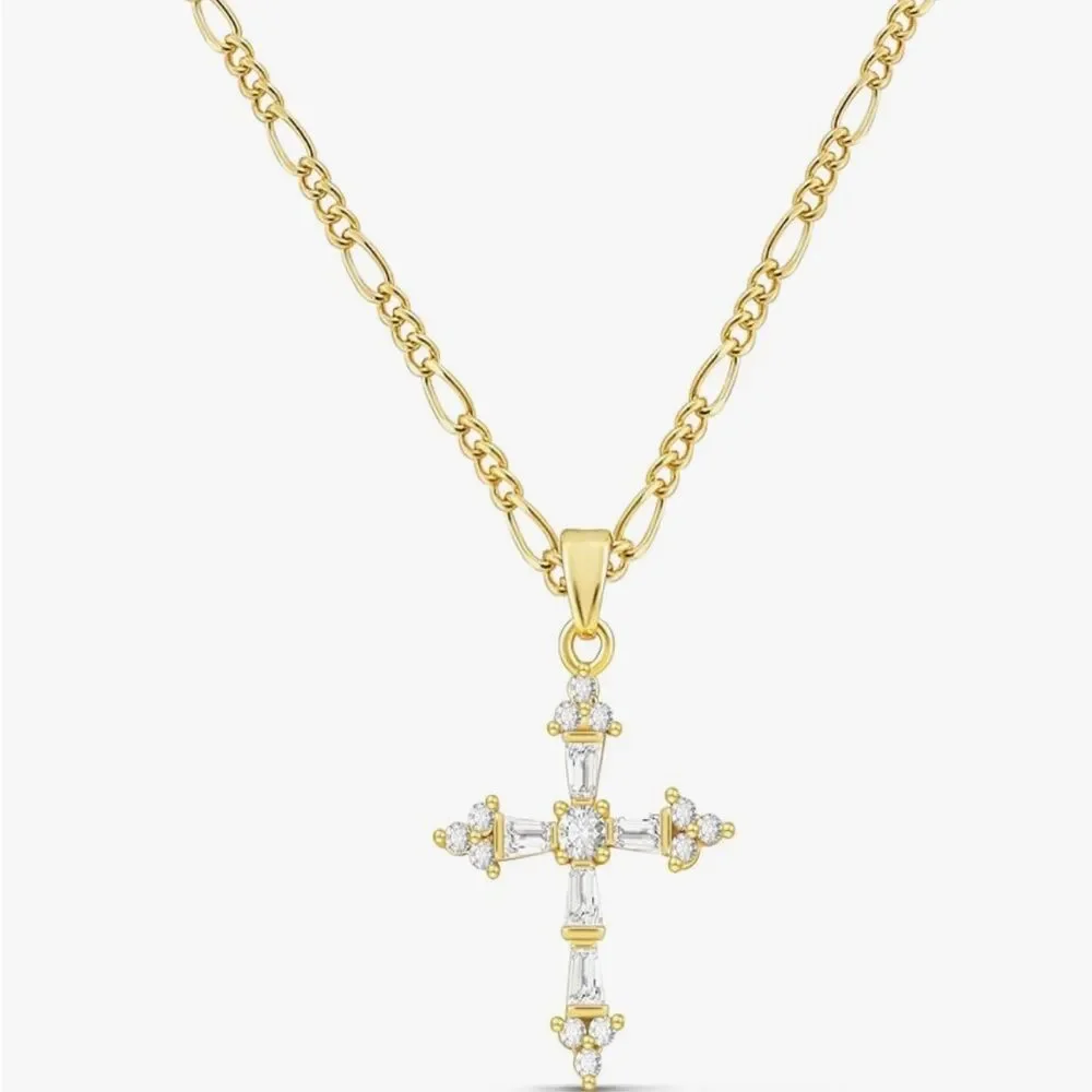 14K Gold Plated Cross Pendant Necklace Dainty Chain Simulated Diamond Preppy - Picture 2 of 6